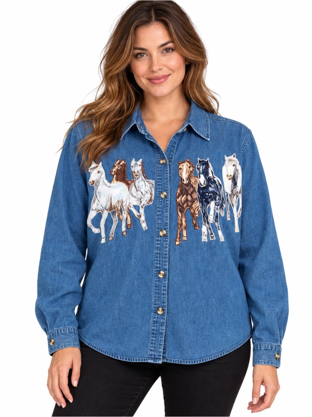 C&T Clothing Company Horse Appliqué Blue Denim Shirt Women’s Large